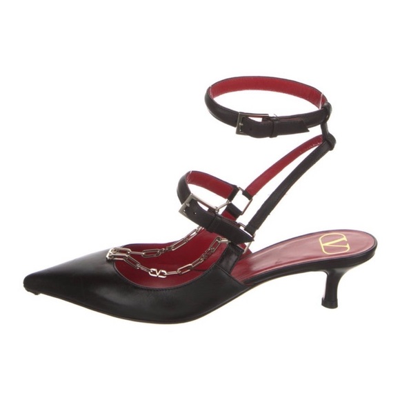 Valentino Shoes - Valentino Black Pointed-Toe Ankle-Strap Kitten Heel Pumps with Red Insole
